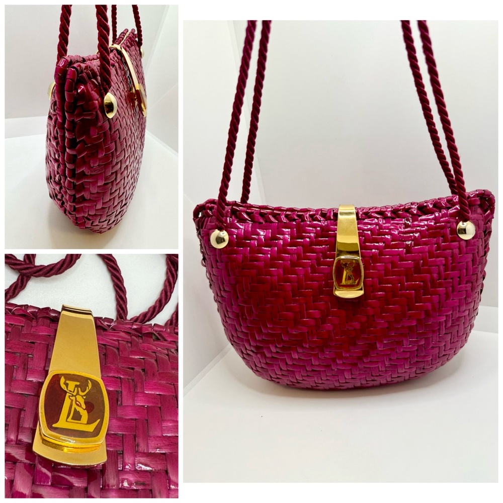 LIZ‎ PARIS 90s fuchsia woven-lacquered rattan multi-way crossbody evening clutch